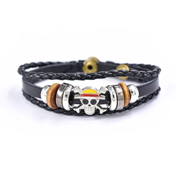 Anime One-piece Bracelet Men's Action Figure Luffy Skull Straight Hat Punk Black Leather Woven Brass Cosplay Accessories Gifts