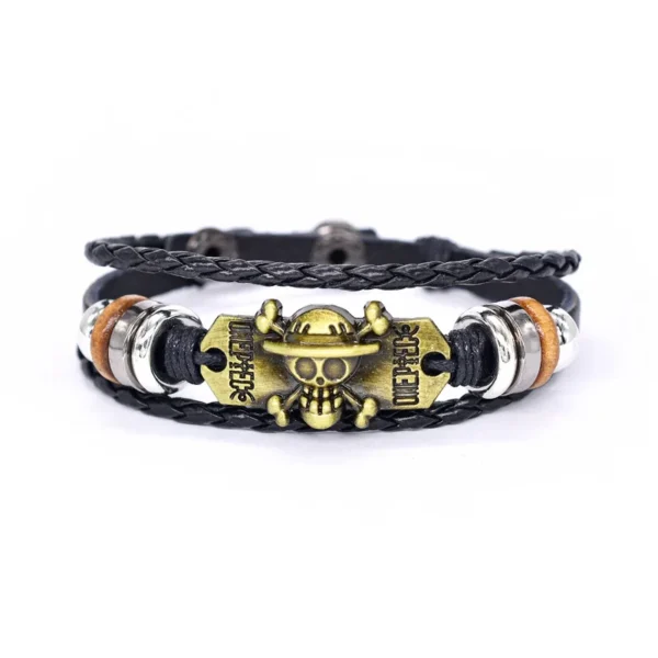 Anime One-piece Bracelet Men's Action Figure Luffy Skull Straight Hat Punk Black Leather Woven Brass Cosplay Accessories Gifts