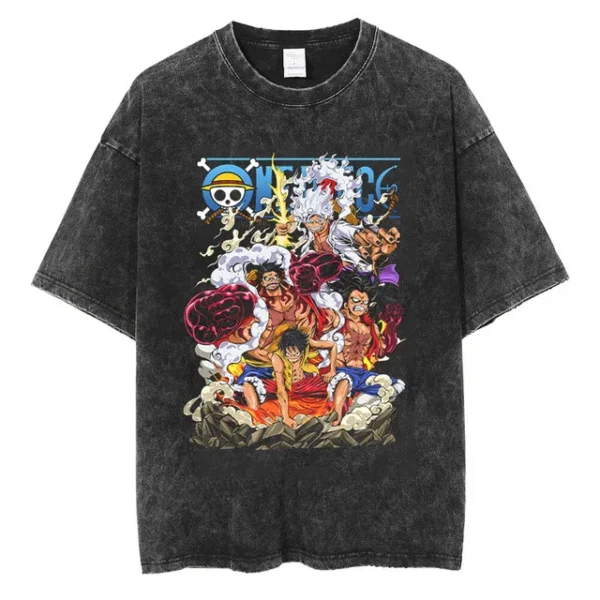 Youth men ONE PIECE Faded Vintage T Shirts Anime Character Print Cosplay Mineral Wash Shirt Nika Luffy Graphic Hipster Shirt