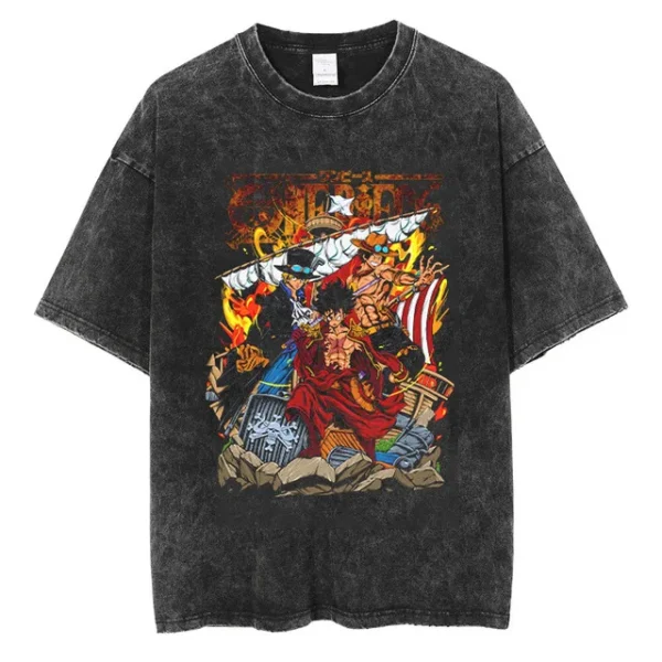 Youth men ONE PIECE Faded Vintage T Shirts Anime Character Print Cosplay Mineral Wash Shirt Nika Luffy Graphic Hipster Shirt